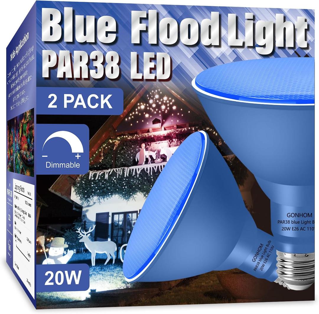 2 Pack PAR38 Blue Led Light Bulbs, Dimmable, 20W, E26 Base, Outdoor Indoor, Christmas Lighting, 1800 LM, Long Lifespan
