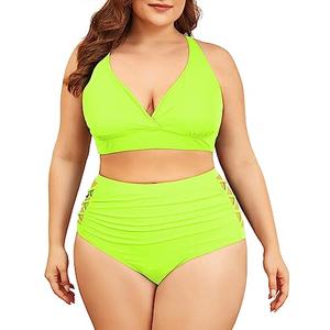 Womens Plus Size Swimsuit Two Piece Tummy Control Bathing Suits High Waisted Plus Size Bikini Swimwear Neon Yellow 18 Plus