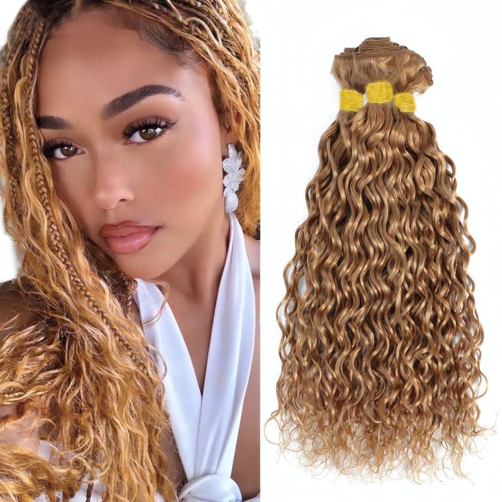 LOIUMGUU Honey Blonde Human Hair Bundles Color #27 Water Wave Bundles Uprocessed Brazilian Virgin Remy Hair Extensions 18 20 22 Inch Double Weft Blonde Water Wave Hair Weave