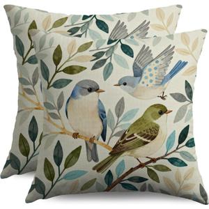 Blue Green Vintage Bird Pillow Covers 18x18 Set of 2, Grey Leaf Print Spring Farmhouse Decorative Throw Pillowcases Outdoor Cushion Cases Rustic Neutral Home Decor for Sofa Couch Bed