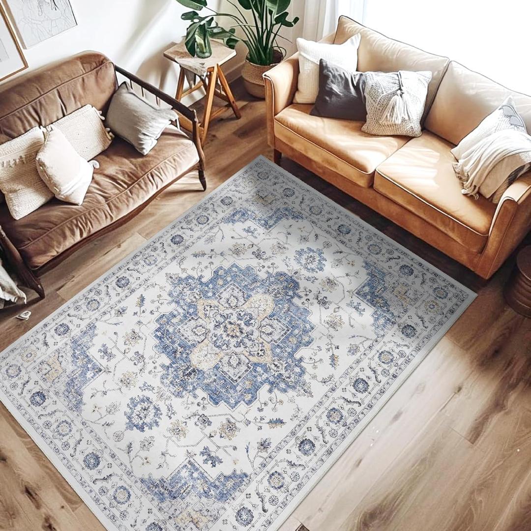 jinchan Area Rug 4x6 Vintage Washable Bedroom Rug Floral Medallion Lightweight Non Slip Thin Retro Classic Soft Boho Floor Cover Farmhouse Carpet for Living Room Dining Room Kitchen Blue