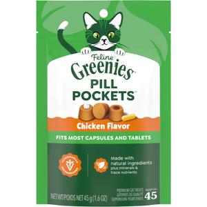Greenies Feline Pill Pockets for Cats Natural Soft Cat Treats, Chicken Flavor, 1.6 oz. Pouch (45 Treats) (EXP 08/03/26)