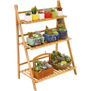 Ufine Bamboo Ladder Plant Stand 3 Tier Foldable Flower Pot Display Shelf Rack for Indoor Outdoor Home Patio Lawn Garden Balcony Organizer Planter Holder