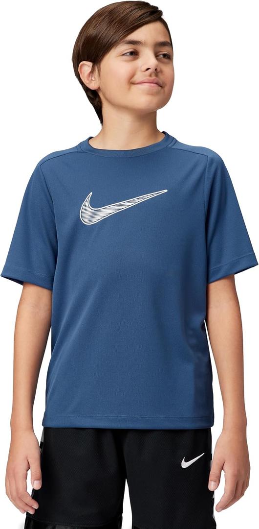 Nike Unisex Big Kids' Multi Dri-FIT Short-Sleeve Training Top (Large Swoosh Logo) (Blue, S)