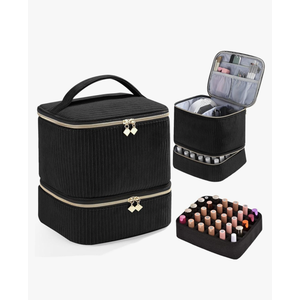 Corduroy Nail Polish Organizer and Nail Lamp Case, Nail Kit Organizer Holds 30 Bottles (15ml - 0.5 fl.oz) and a Nail Lamp, Nail Polish Carrying Case with Manicure Tools Storage Sections (Black)