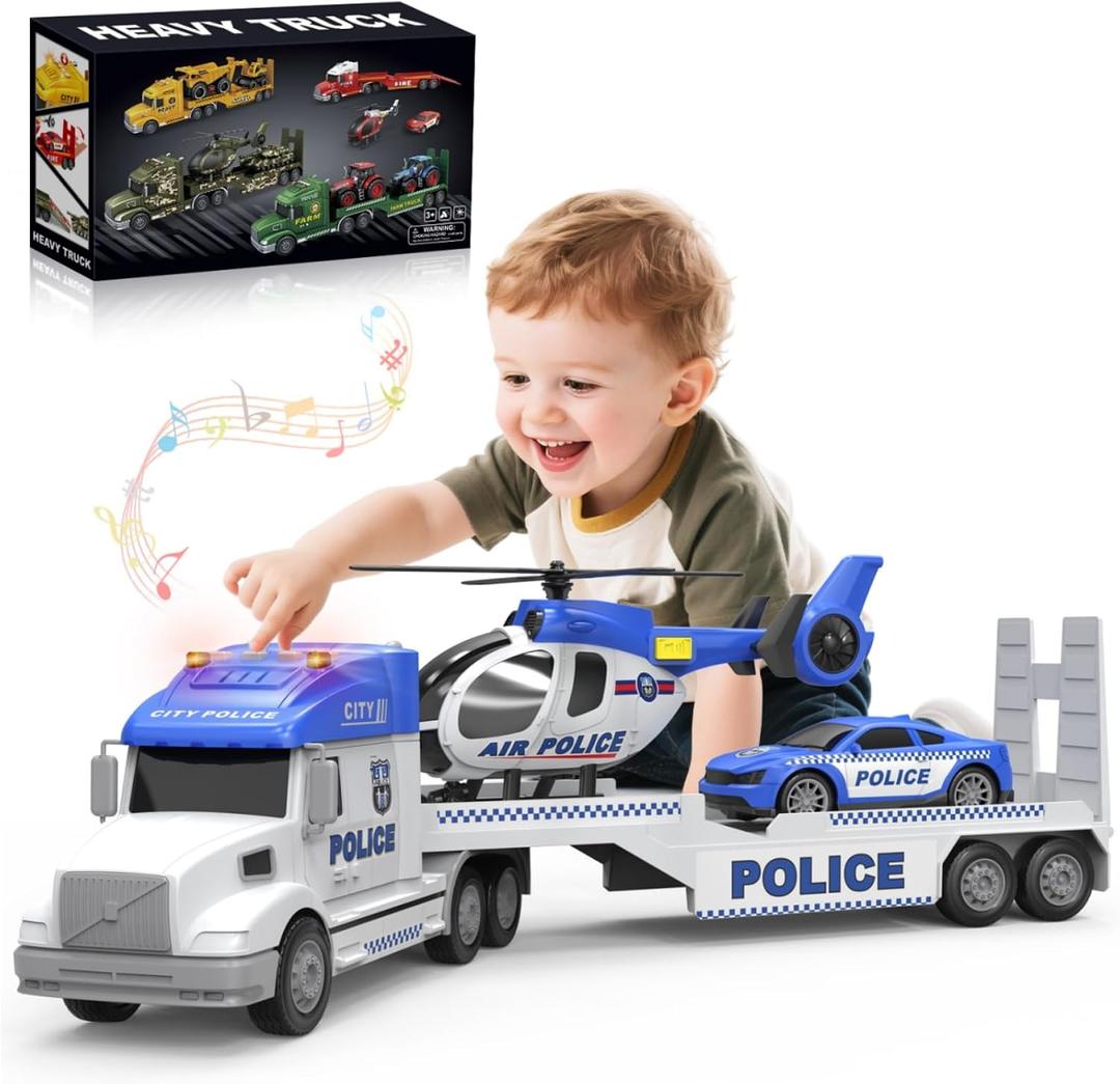 Toddler Toys for 3 4 5 6 Year Old Boys - 27" Large Police Semi Truck Toy with Racing Car and Helicopter, 3-in-1 Friction Powered Transport Vehicle with Lights Sounds, Christmas Birthday Gifts for Boys