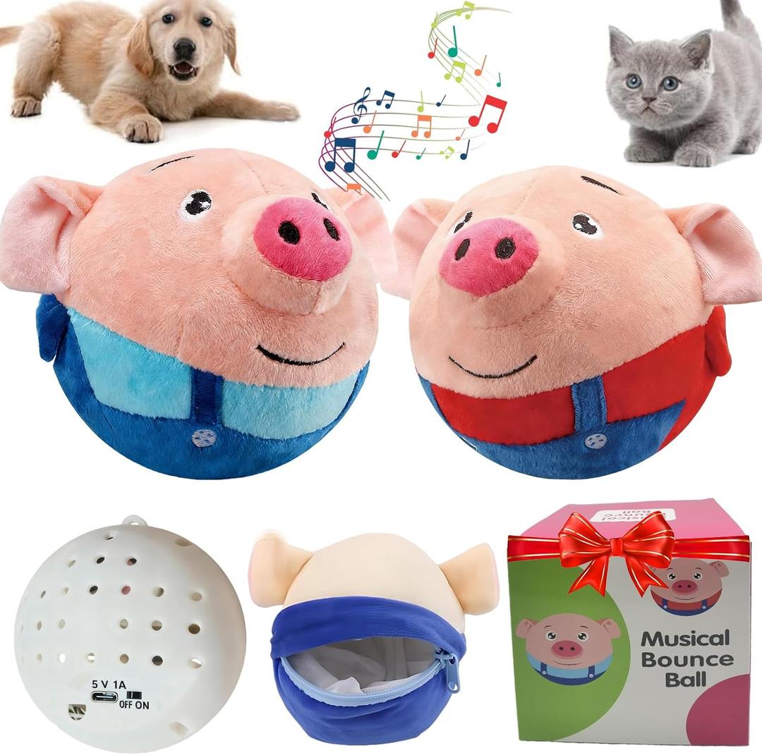 2PCSInteractive Dog Toys,Active Moving Pet Plush Toy with Recording & Music Modes,Jumping Squeaky Song shaking Interactive Dog Ball,Dog Toys to Keep Them Busy,Replaceable Coat (Blue Pig + Red Pig)