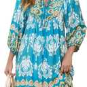 Qearal Women's Casual V Neck 3/4 Sleeve Boho Floral Printed Loose Short Flowy Summer Beach Vacation Dress (Blue, S)