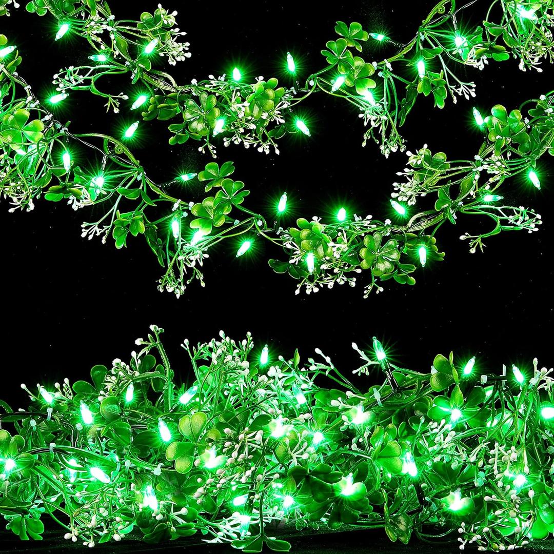 BlcTec 2Pack 9.85 Ft St Patrick's Day Garland with 50 LED Green Lights, Battery Operated Irish Garland String Lights with 8 Lighting Modes & Waterproof for Home, Porch, Front Door, Table, Mantle Dcor (2 Pack)