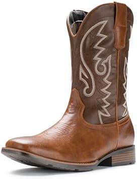 IUV Cowboy Boots For Men with Wide Square Toe Western Retro Boot Durable Classic Fashionable Embroidered Pull On Slip Resistant Boots, Size 11