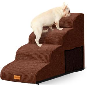 Dog Stairs for Small Dogs,4-Step,Foam Dog Steps&Ramps for Couch/High Beds with Waterproof &Removable Cover, Non-Slip,Brown