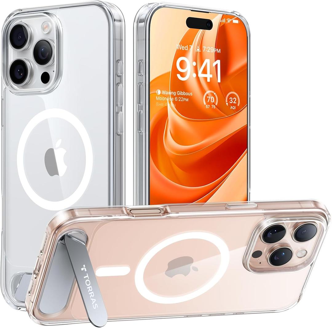 TORRAS for iPhone 16 Pro Max Case Diamond Clear | Strong Magnetic & Seamless Stand, Fit for MagSafe, Military-Grade Drop Protection, Sturdy Adjustable Built-in Kickstand, Slim Anti-Yellowing