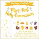 My First Holy Communion Banner Religious Celebration Hanging Swirls Decorations My Baptism Christening God Bless Theme for Kids Boy Girl First Holy Communion Party Supplies
