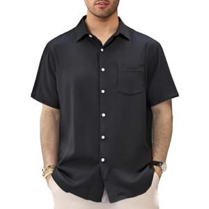 GSOU SNOW Mens Hawaiian Shirt Quick Dry Short Sleeve Tropiacl Floral Button Down Shirts for Beach Summer Vacation (Black, L)
