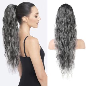 HOOJIH Ponytail Extension, Drawstring Ponytail Hair Extensions 26 Inch Long Curly Wavy Ponytail Natural Wavy Synthetic Hairpiece for Women Daily Use - Ombre Gray