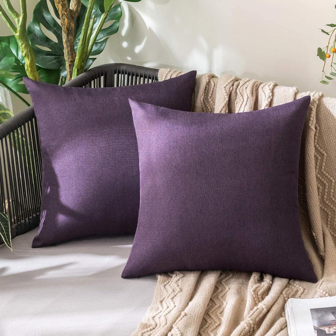 MIULEE Pack of 2 Decorative Outdoor Solid Waterproof Throw Pillow Covers Faux Linen Garden Farmhouse Cushion Cases for Patio Tent Balcony Couch Sofa 18x18 Inch Purple