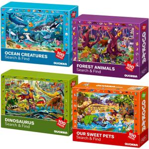 QUOKKA 100 Piece Puzzles for Kids Ages 4-6 - 4 Jigsaw Puzzles for Kids Ages 6-8 - Search and Find Game with Animals, Dinosaurs for Children's 5-8 - Learning Educational Toys for Boys and Girls 8-11