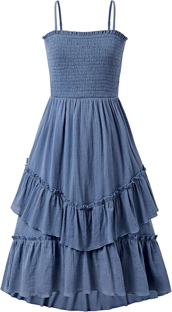 Sunny Spirit Girls Summer Dress for Tween Girl Teen Kids Sundress Maxi Boho Smocked Flowy 2-Way Layered Skirt 5-14 Years (Blue)