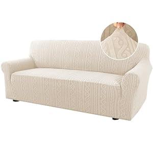 H.VERSAILTEX Sofa Cover 1 Piece Stretch Sofa Slipcovers Non Slip Sofa Cover with Elastic Bottom Washable for Kids, Pets Upgrade Thick Jacquard Fabric with Spiral Pattern(75"-85", Ivory)