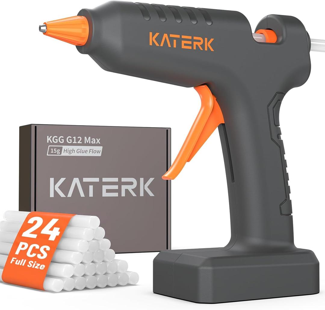 Katerk 12V Full Size Cordless Hot Glue Gun with 24 Glue Sticks, Drip-Free Fast Heating Rechargeable and Heavy Duty Battery Operated Glue Gun and Sticks Sets 11mm x24 for Crafts DIY, Repair, Gift (Grey)
