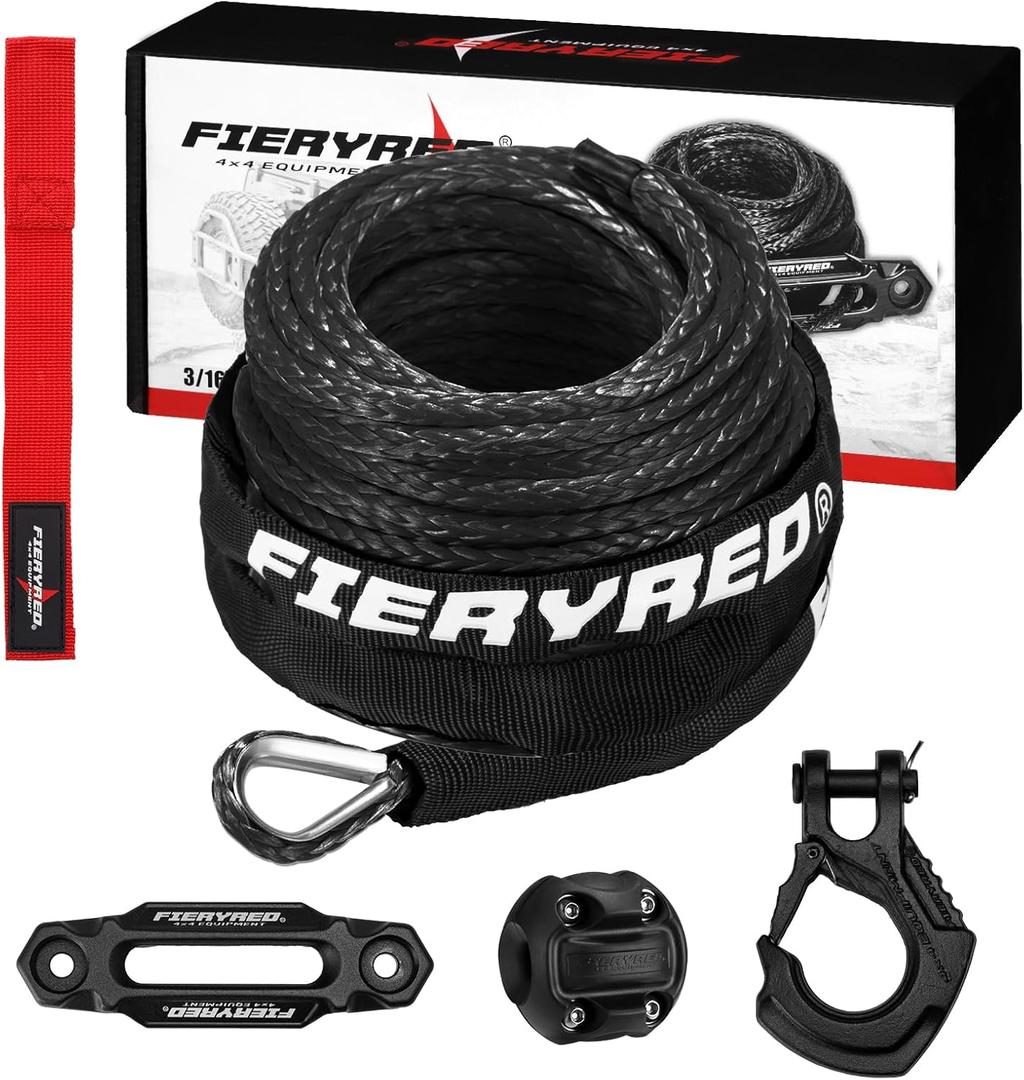 FIERYRED 3/16inch 50FT 8500LBS Synthetic Winch Rope Cable Kit with Forged Hook Rubber Stopper and Fairlead,Winch Line Replacement for 2000-3500LBS Winch, ATV, UTV, Offroad (Black)