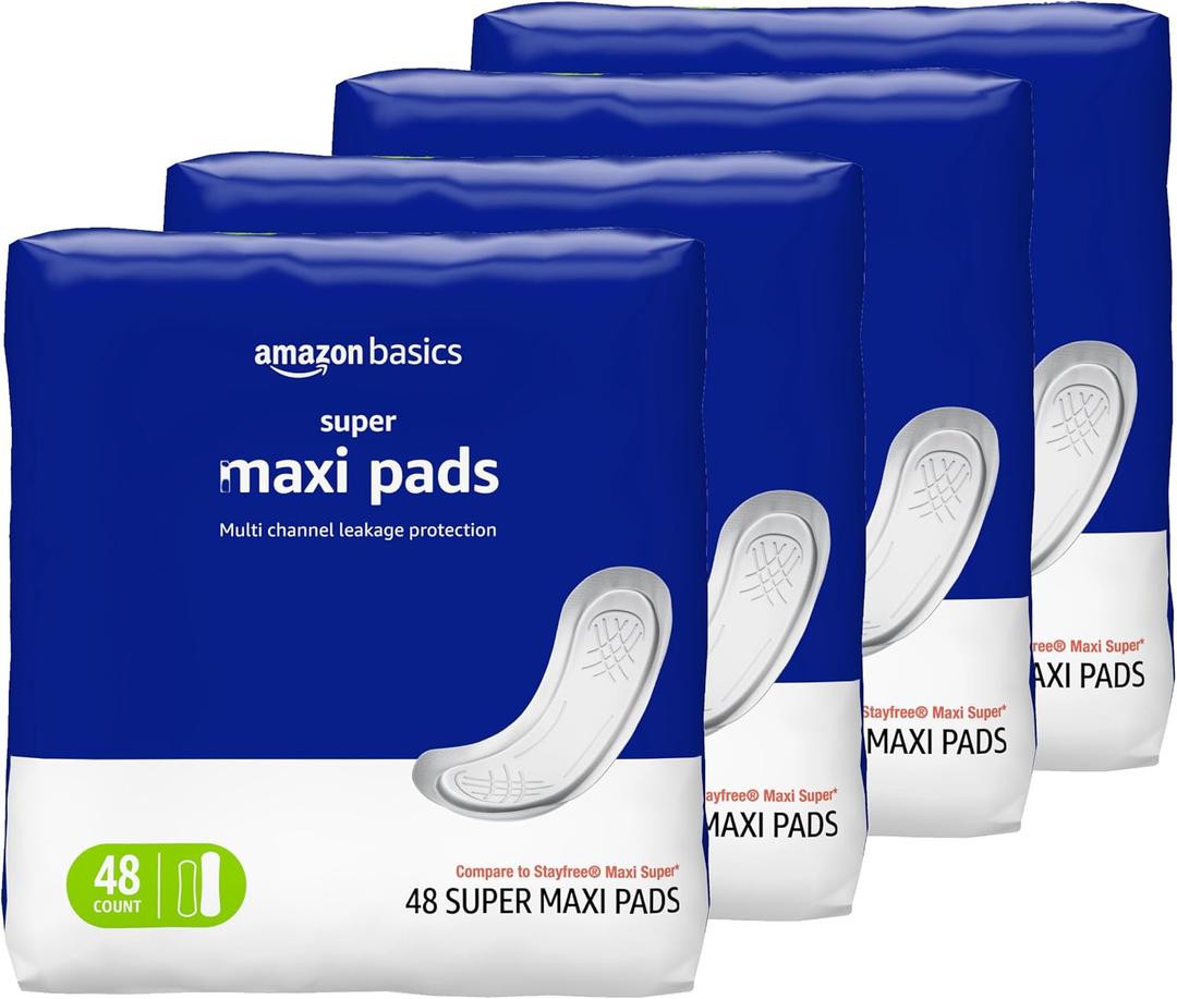 Amazon Basics Maxi Pads for Periods- Thick, Super Absorbency, Unscented, 192 Count, (4 Packs of 48)