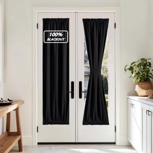 NICETOWN French Door Curtains for Door Window, 100% Blackout Privacy Thermal Insulated Window Covering for French Front Glass, 1 Panel, Black, 25 x 72 inches Long