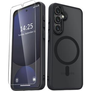 YENAPOON for Samsung Galaxy S24 FE Case, Matte Magnetic Phone Case with 1 Screen Protector, Support for Magsafe, Translucent Frosted Slim Shockproof Protective Cover for Samsung Galaxy S24 FE, Black