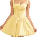 Womens Summer Mini Dress Square Neck Tie Front Lace Spliced Ruched Backless Casual Party Graduation Short Bodycon Dresses Yellow Size S