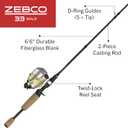 Zebco 33 Spincast Reel and 2-Piece Fishing Rod Combo, Fiberglass Rod with Comfortable Split-Grip Cork Handle, Instant Anti-Reverse Fishing Reel, 60