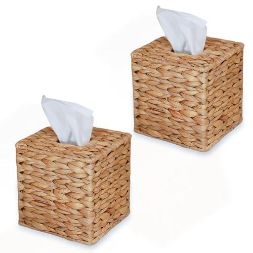 Set of 2 Water Hyacinth Handwoven Tissue Box Cover, Natural Handmade Wicker Napkin Box Holder, Handcrafted Square Facial Tissue, Rustic Decorative on Table and Bathroom, Office, Boho Decorative