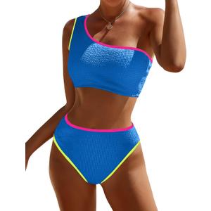 Bikini Sets for Women High Waisted 2 Piece Bestselling Swimsuit Ribbed One Shoulder Tummy Control Bathing Suit 2025 (Medium, Blue Colorblock)