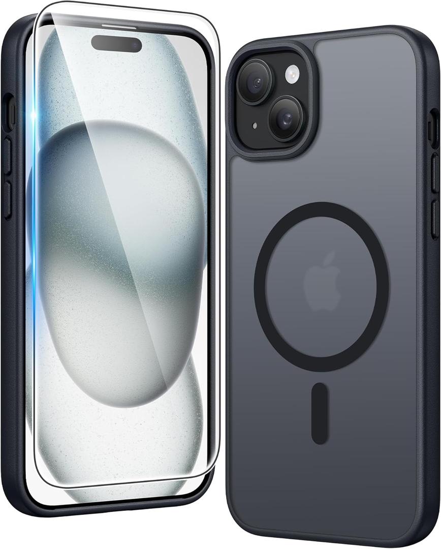 FNTCASE For iPhone 15 Case Matte: iPhone 14/13 Case Magnetic Phone Cases with Screen Protector Compatible with Magsafe Slim Anti Yellowing Rugged Protective Translucent Cell Cover (Black)