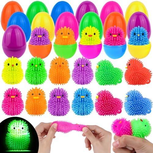 12 Pack Easter Eggs Fillers Light Up Chick Duck Puffer Balls Easter Eggs Filled Toys Easter Basket Stuffers Glow In The Dark Stress Relief LED Fidget Toys for Kids Boys Girls Easter Hunt Party Favors