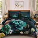 WONGS BEDDING Floral Comforter Set Queen Size, 7 Pieces Teal Bed in a Bag Comforter Bedding Set, Soft Microfiber for All Season with Pillowcases & Shams, Sheets (90"90")