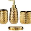 Bathroom Accessories Set 4 Pcs, Gold Ceramic Bathroom Accessories Complete with Soap Dispenser, Toothbrush Holder, Bathroom Tumbler, and Soap Dish - Modern Bathroom Decor