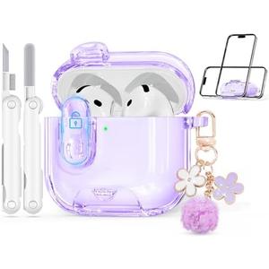 Clear Case for AirPods 4 Case Cover with Safety Lock,Soft TPU Cover with Phone Stand & Cleaning Kit,Cute Bling Keychain for Women Girls-Clear Purple