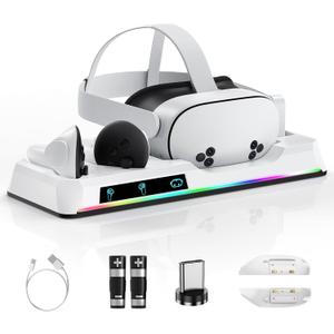 Charging Dock for Oculus Quest 3/3S, Magnetic VR Charger with 2 Rechargeable Batteries for Oculus Quest 3S/3 Accessories, VR Headset & Charger Controller Supports LED Indicator