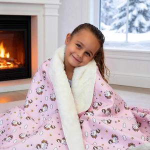 Kids Sherpa Throw Blanket  Soft Cotton & Warm Sherpa Toddler Blanket, Pink Unicorn & Clouds Pattern, Plush Winter Bed Throw, 40 x 60 inches