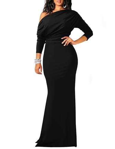 YMDUCH Women's Sexy Elegant Long Sleeve Off Shoulder Bodycon Long Evening Formal Dress Black XL
