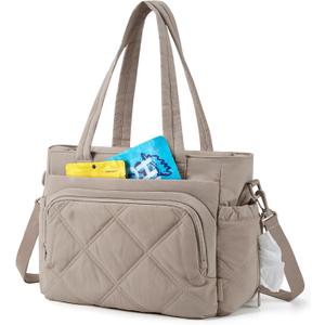 BAGSMART Lunch Bag Women Large Lunch Box Insulated Tote Bag with Multi-Pockets Quilted Puffy Tote for Work, Outdoors, Brown