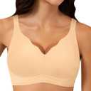 Wireless Bra Women Seamless Push Up Support Comfort V Neck Full Coverage Sleep T-Shirt Everyday Bras (Beige, L)