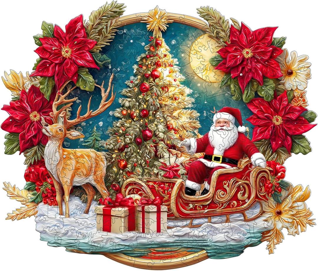 Lxfyloop Santa Claus Christmas Wooden Puzzles for Adults, Unique Shaped Holiday Wood Jigsaw Puzzle with Storage Box 195 Pieces, Stocking Gifts for Xmas, Thanksgiving Family Game 11.4x9.7 Inch (Small)