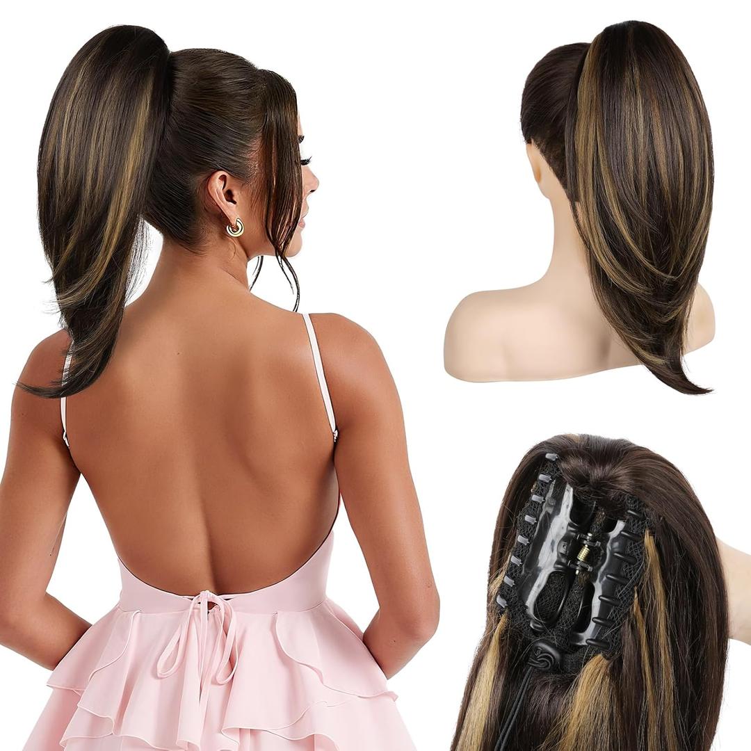 Ponytail Extension  16 Claw Clip in Ponytail Hair Extensions Natural Soft Synthetic High Pony Tail Hairpieces for Women (Dark Brown with Highlights, 16 inch)