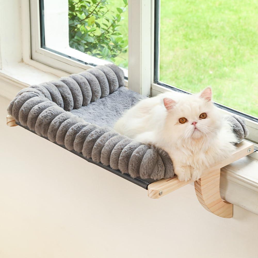 Cloud-Soft Cat Window Sill Perch with Zipper Designed Cushioned Bed, Supportive Cat Window Seat with Premium Solid Wood & Sturdy Metal Frame, Pet Hammock Bed for Large Cats (Large, Gray) (Large(24.4''x15''), Grey)