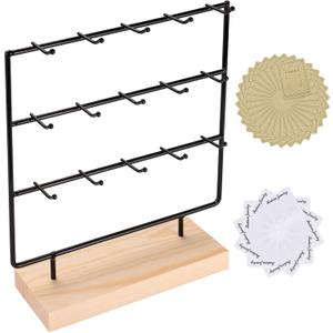 Earring Display Stands for Selling, 3 Tier 15 Hooks Wood Jewelry Organizer Rack for Earrings, Necklaces, Rings, Bracelets, Keychains - Compact for Countertop, Boutique, Trade Shows (Black)
