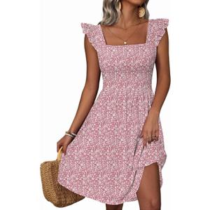 Loemes Summer Casual Cute Floral Flowy Square Neck Sundressses with Pocket Beach Dress for Women (Small, Pink Flower-58)