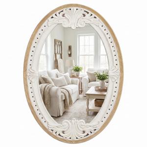 H HOMEWINS Oval Mirrors for Wall,20x30 Oval Wooden Rustic Farmhouse Carved Antique Boho Nature Vintage Decorative Mirror for Bedroom, Bathroom, Living Room,Vanity