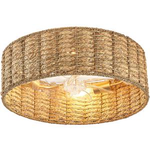 Boho Ceiling Fans with Lights Enclosed Rattan Fandelier with Lights and Remote Low Profile Flush Mount Wicker Caged Ceiling Fan for Bedroom,Kitchen,Living Room