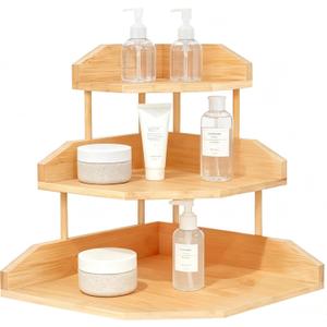 Bamboo Corner Desk Organizer Shelf, 3-Tier Triangle Storage Rack for Office & Home, Space-Saving Desktop Shelf for Books, Stationery, Makeup, Small Items